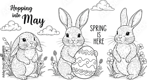 Easter eggs vector illustration of three adorable bunnies celebrating spring