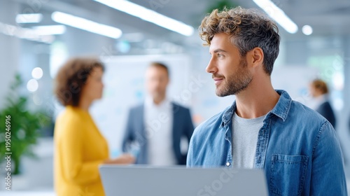 Confident man working on laptop in modern office with coworkers talking in background