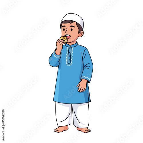 Young boy in traditional clothes eating a samosa