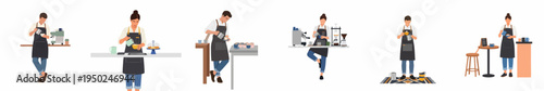 Flat vector illustrations of professional baristas in aprons preparing coffee, making latte art, and serving customers in a modern cafe setting.