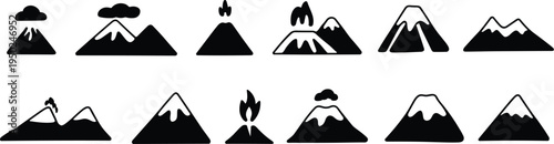 Black silhouette icons of mountains and volcanoes, eruptive activity, snowcaps, clouds, lava, smoke, geological nature illustration set
