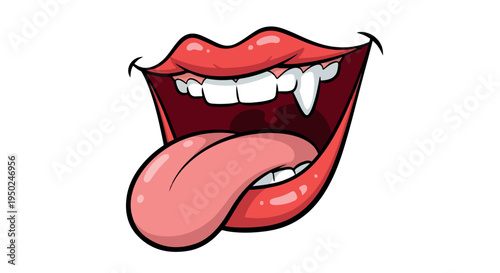 Cartoon illustration of vampire fangs and tongue on a white background with bold lines and vibrant red color.