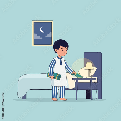 Boy in pajamas putting book on bedside table at night
