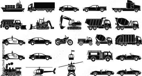 Black silhouette icons of diverse vehicles and transportation modes including trucks, cars, ships, trains, helicopters, construction equipment
