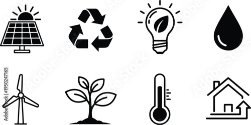 A set of vector line art silhouettes illustrating eco-friendly concepts and sustainable living icons in a bundle