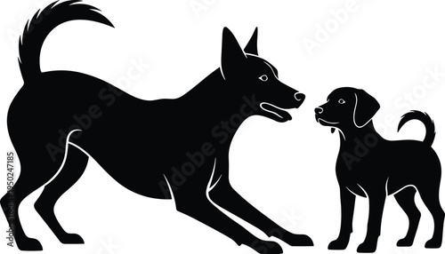 Black silhouette of playful dog and curious puppy, animal interaction, pet behavior, canine communication, vector illustration for stock use