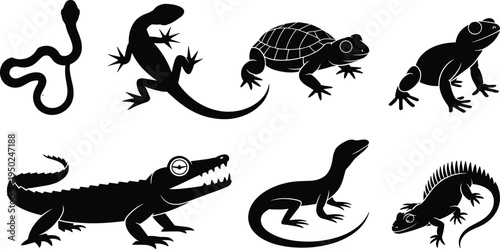 Black silhouette illustrations of reptiles and amphibians including snake, lizard, turtle, frog, crocodile, iguana for educational design