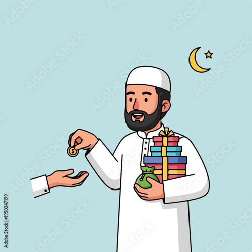 Man in traditional attire giving charity during ramadan