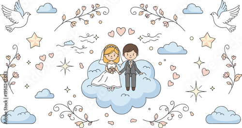 Bride and Groom Holding Hands on a Cloud Surrounded by Doves, Hearts, Stars, and Flowers in a Dreamy Wedding Scene IllustrationBride and Groom Holding Hands on a Cloud Surrounded by Doves, Hearts, Sta