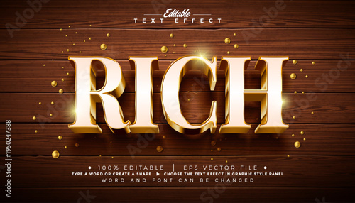 Rich Editable Text Effect Vector Graphic Style with Golden Framed White 3D Typography Lettering and Shadow on Vintage Wood Background. Premium Scalable Luxury Illustration Template for Greeting Card