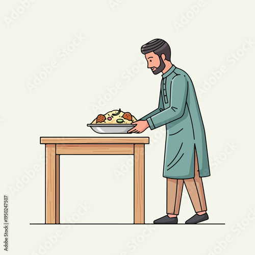 Man in green tunic carrying plate of food to wooden table indoors