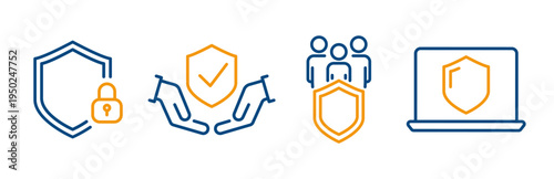 Safety icons, shield with lock, people safety, insurance concept, data protection, outline set icon for website