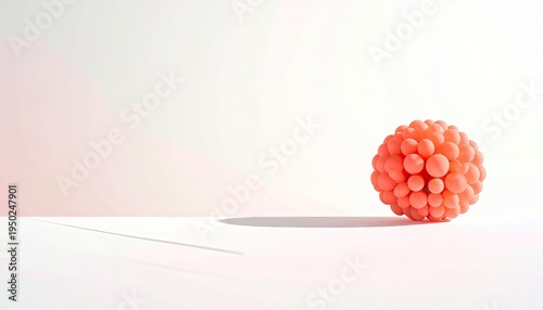 Coral-colored sphere casting shadow on white surface, with soft color gradient in the background, for science