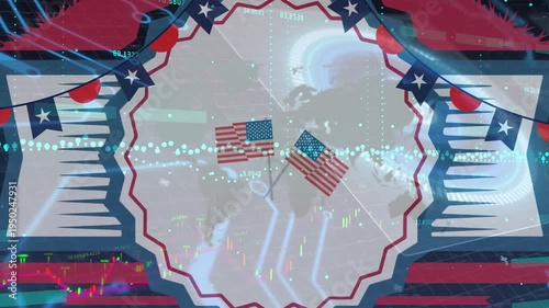 Animation of financial graphs over flags of usa and decoration in usa colours