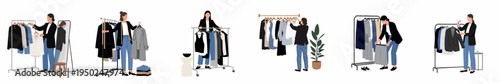 Minimalist illustrations of a female fashion stylist or shop owner organizing clothes on racks in various professional settings.