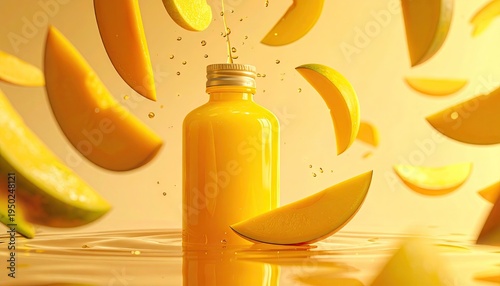 Yellow liquid pours into a bottle amidst floating mango slices, sunny background