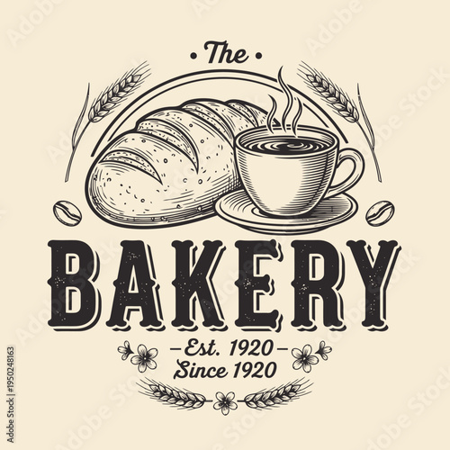 Vintage bakery logo featuring a loaf of bread, a cup of coffee, and wheat stalks, est