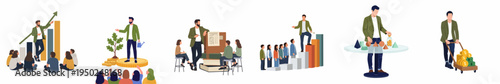 A set of six business concepts illustrating growth, teaching, financial management, career progression, and wealth accumulation in a modern flat vector style.