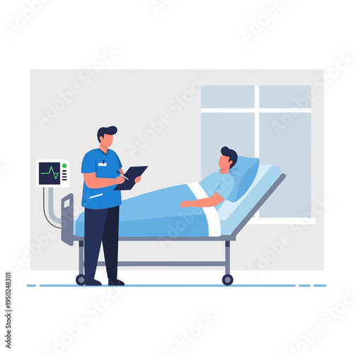 Nurse checking on patient in hospital bed with vital signs monitor