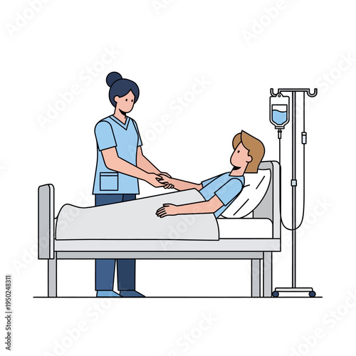 Nurse comforting patient in hospital bed with IV drip, healthcare, medical care, support