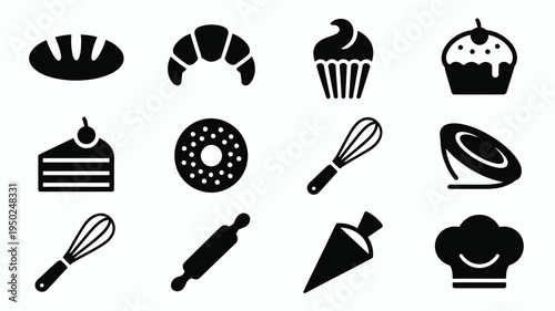 Baking icons set including pastry cake cupcake donut whisk rolling pin and chef hat on white background