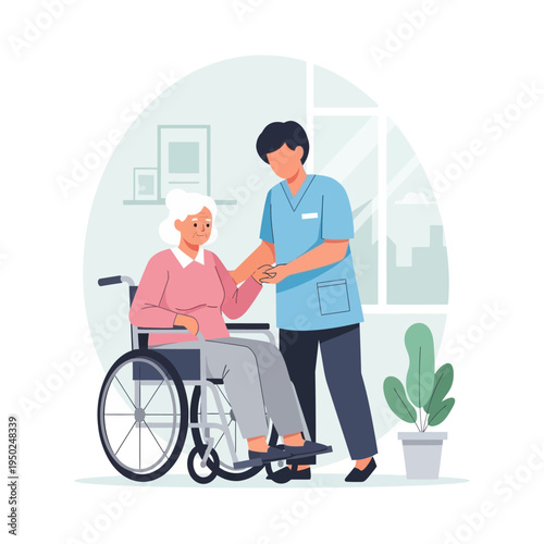 Nurse helping elderly woman in wheelchair, home care assistance, medical support, senior health
