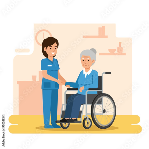 Nurse helping elderly woman in wheelchair, caregiving, medical assistance, senior home care