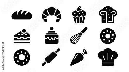 Vector illustration pack featuring various baking icons and tools on a white background