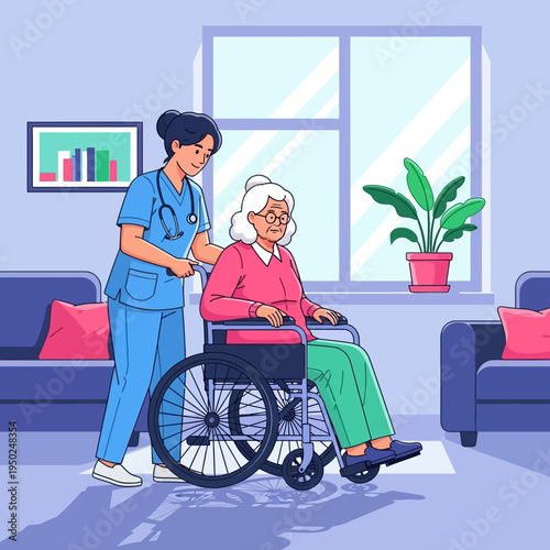 Nurse pushing elderly woman in wheelchair, care home, medical assistance, support, healthcare