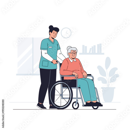 Nurse pushing elderly woman in wheelchair, healthcare, medical assistance, senior care, hospital, clinic