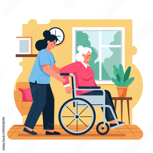 Nurse pushing elderly woman in wheelchair, home care, medical assistance, support, and compassion