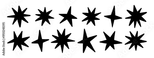 Crayon hand drawn stars, twinkle magic symbols. Shine, spark, or light elements. Silhouette sketches of sparkle icons on a transparent background. Doodle black glitter sparks, vector illustration