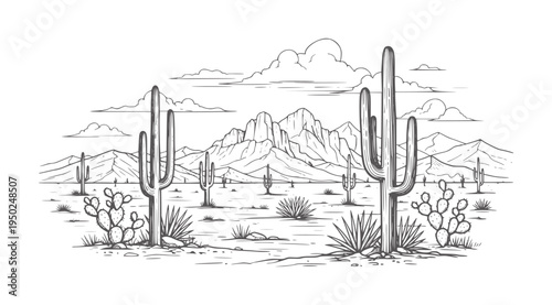 Desert landscape with saguaro cacti and mountains under cloudy sky cactus