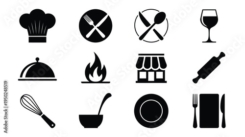 Black and white restaurant icons set including chef hat utensils plates and kitchen tools on white background