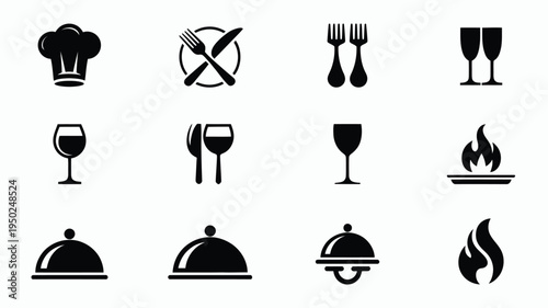 Restaurant logo pack featuring chef hat utensils wine glasses and food symbols in black on white background