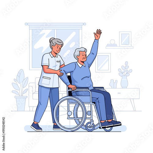 Nurse assisting elderly man in wheelchair, waving happily at home