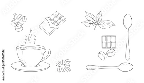 Hand drawn coffee cup chocolate bar coffee beans and spoons