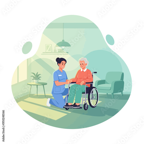 Nurse assisting elderly woman in wheelchair at home or care facility