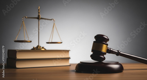 厳粛な法廷、正義の天秤が重厚な木製テーブルに静かに佇む