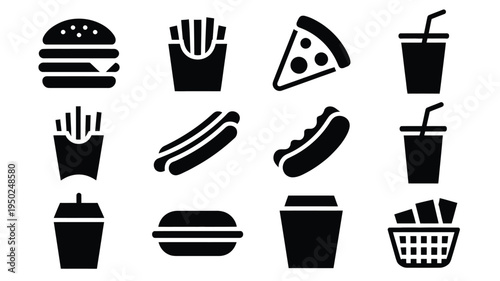 Vector icons of fast food and restaurant symbols including burgers fries pizza hot dogs and drinks on white background