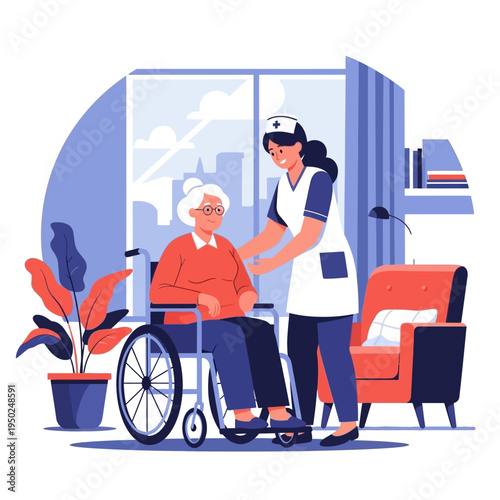 Nurse assisting elderly woman in wheelchair at home, care and support concept
