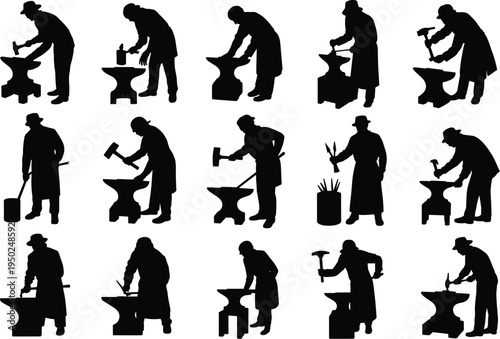 Blacksmith silhouettes working with hammer, anvil, and tongs, traditional metalworking craft poses, skilled tradesmen in workshop attire