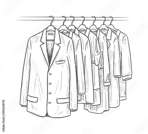 Hand drawn of multiple blazers hanging a rack jacket clothing apparel fashion
