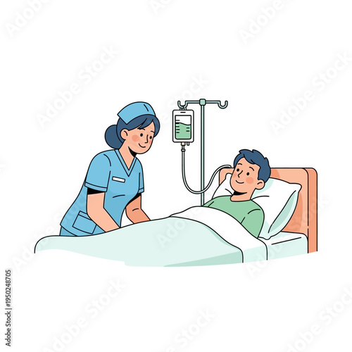 Nurse caring for patient in hospital bed with IV drip, medical care and recovery concept