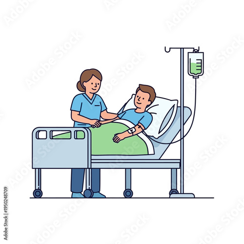 Nurse caring for patient in hospital bed with IV drip, medical care and support