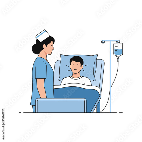 Nurse caring for patient in hospital bed with IV drip, medical care and treatment