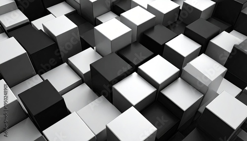 Monochrome blocks form abstract 3D pattern, textured surface for modern design or background