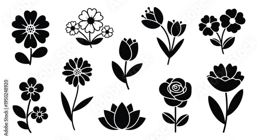 A collection of various flowers and a smiling sun in a black and white illustration
