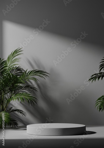Abstract gray wall background with sharp overlay shadows of tropical plants. Minimalistic stage for showcasing products, illumination, white, organic