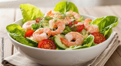 A white bowl filled with a shrimp salad sits on a wooden table. The salad contains fresh lettuce, sliced cucumbers, cherry tomatoes, and cooked shrimp.